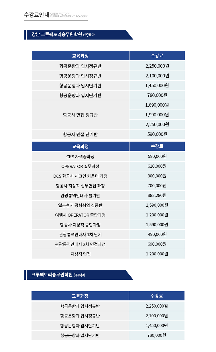 승무원학원 수강료